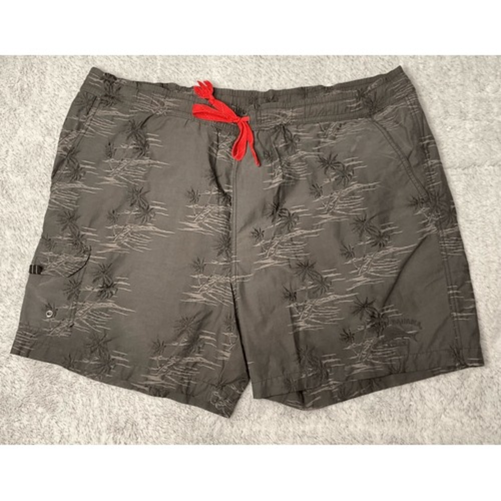 Tommy Bahama Relax Trunks Mens XL Khaki Gray Palm Tree Print Lined Swim Shorts